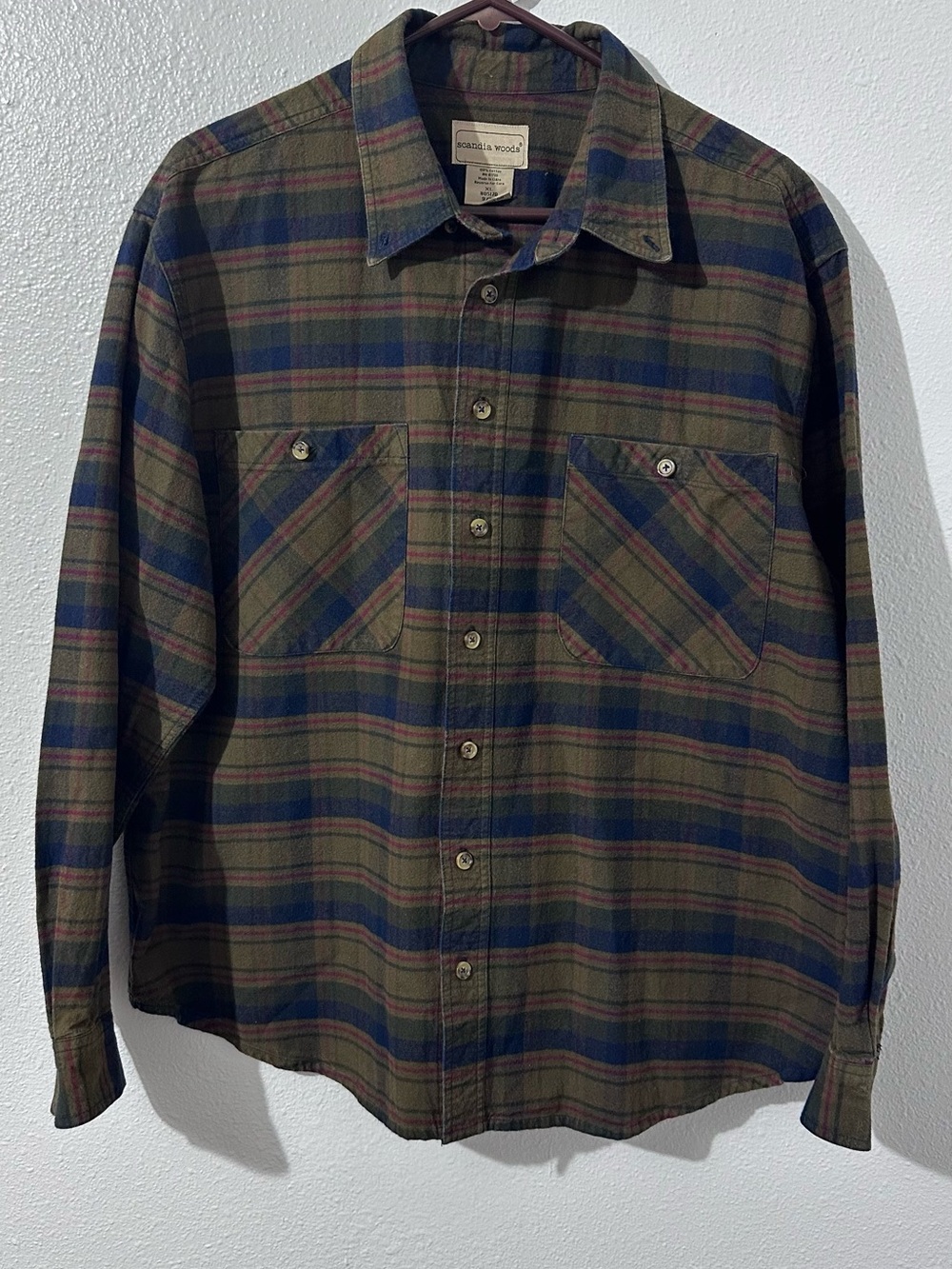 Scandia Woods Men’s XL Green Plaid Full Button Flannel Shirt Rustic Cabin Woods